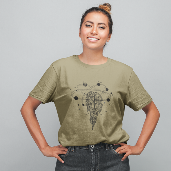 Khaki ekologiškos medvilnės marškinėliai "Mąstanti mergina"
