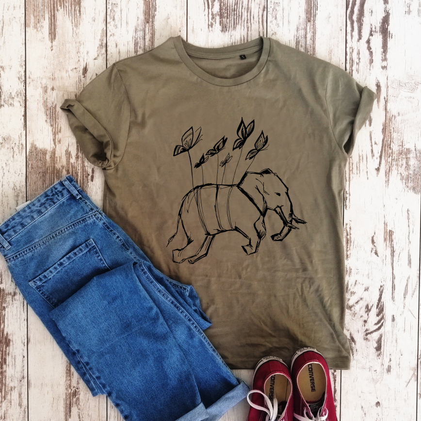 Khaki 100% medvilnės marškinėliai "Be free"