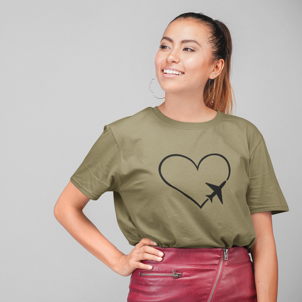Khaki ekologiškos medvilnės marškinėliai "Myliu keliones"