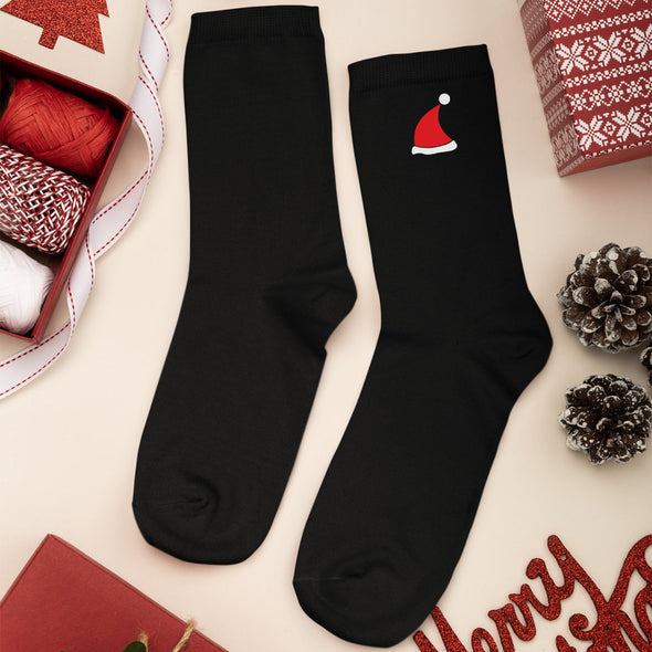 Juodos Kalėdinės kojinės su baltu ir raudonu aksominiu marginimu "Kepuraitės"