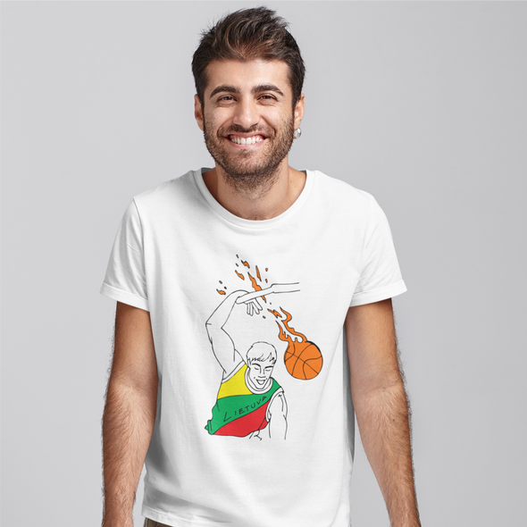Balti UNISEX marškinėliai "Krepšininkas su degančiu kamuoliu"