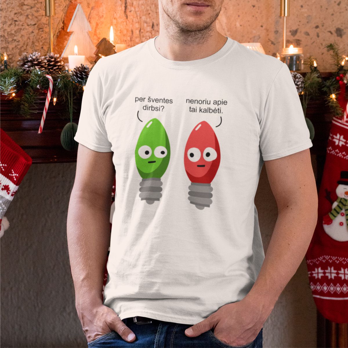 Balti UNISEX kalėdiniai marškinėliai "Lemputės"