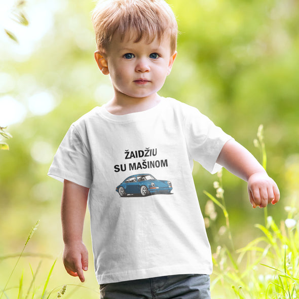Balti vaikiški marškinėliai "Žaidžiu su mašinom“ Vaikiškas dizainas