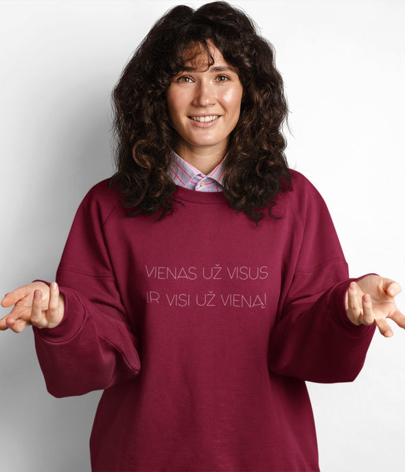 Burgundiškas UNISEX džemperis be kapišono "Vienas už visus ir visi už vieną"