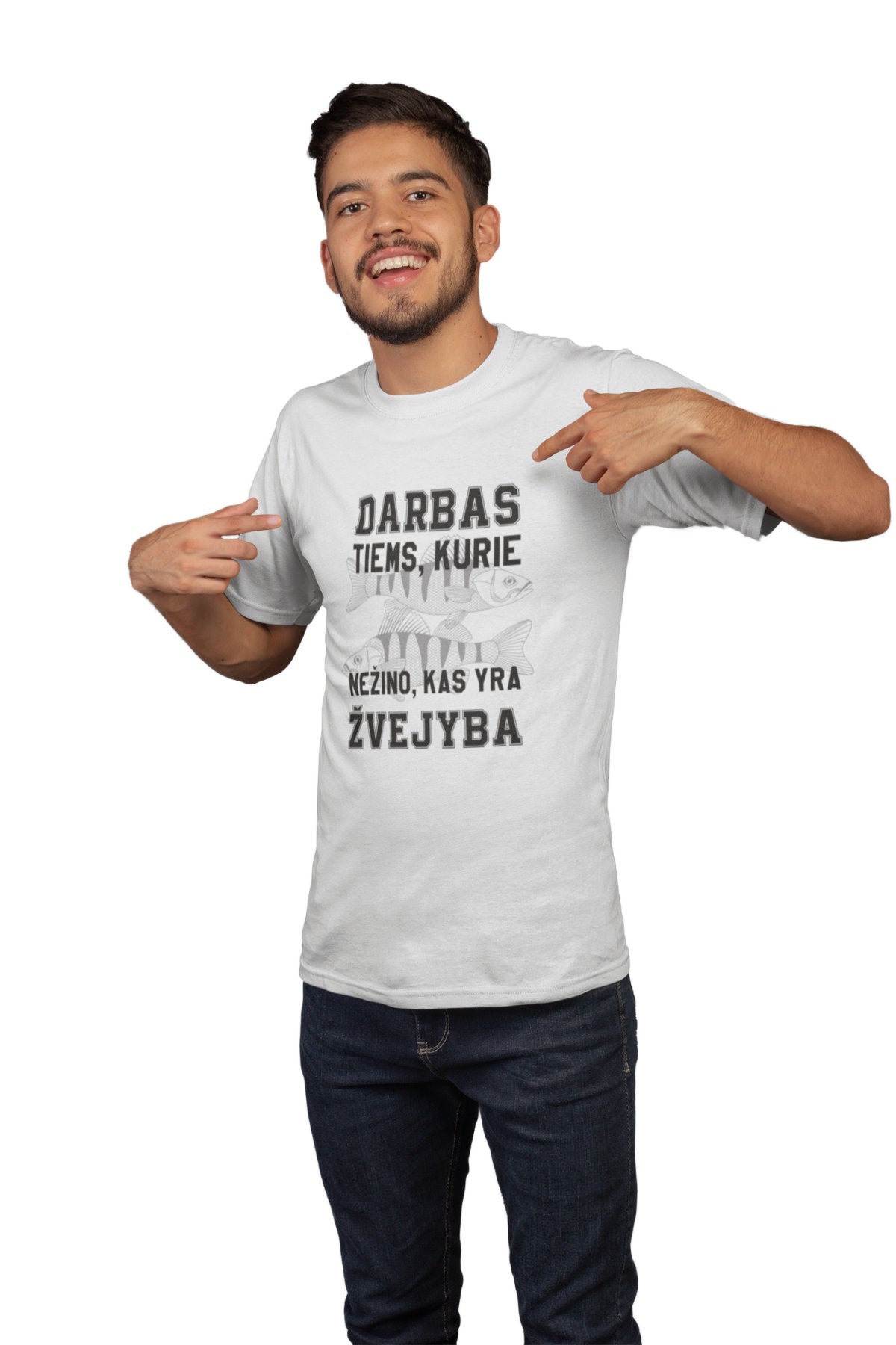 Balti UNISEX marškinėliai "Darbas ir žvejyba"