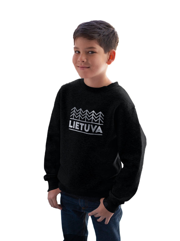Vaikiškas juodas džemperis su sidabriniu marginimu "Lietuvos miškas"