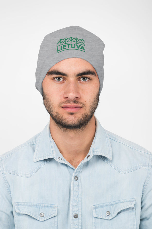 Pilka melanžinė kepurė „Lietuvos sengirė" su aksominiu žaliu marginimu