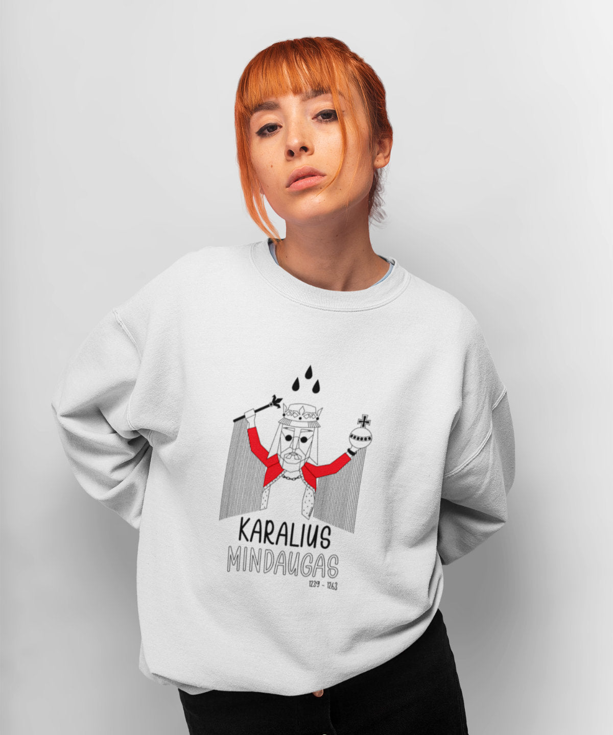 Baltas UNISEX džemperis "LDK KARALIUS MINDAUGAS SU UŽRAŠU"
