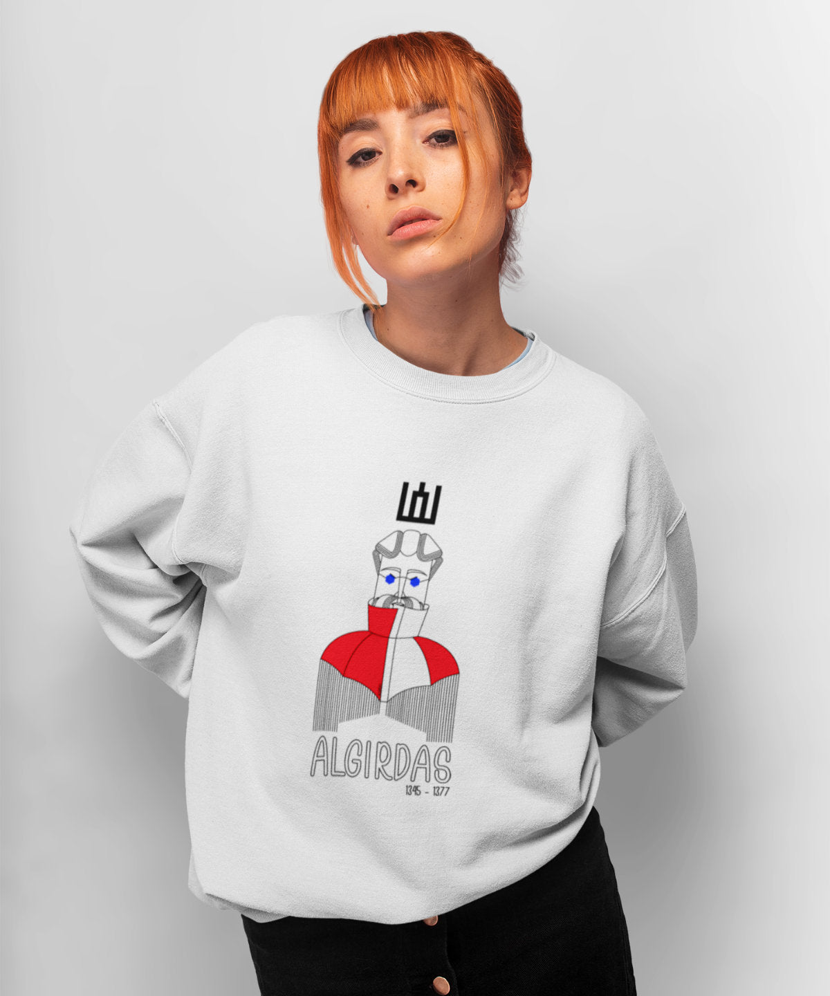 Baltas UNISEX džemperis "LDK KUNIGAIKŠTIS ALGIRDAS SU UŽRAŠU"
