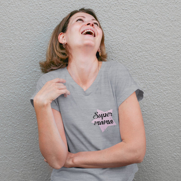 Pilki melanžiniai moteriški marškinėliai "Super mama su žvaigžde"