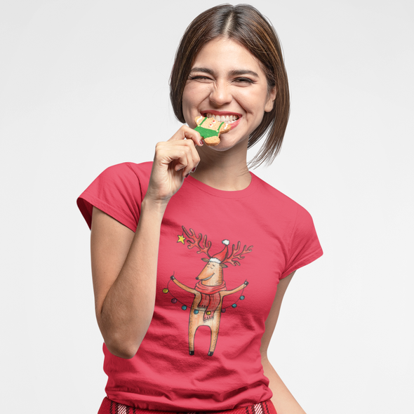 Raudoni moteriški marškinėliai šeimoms "Briedžių šeimyna“ Moteriškas dizainas