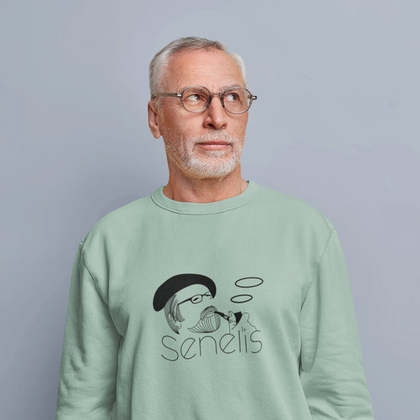 Švelniai žalias organinės medvilnės UNISEX džemperis be gobtuvo "Senelis su pypke"