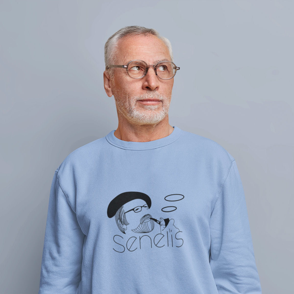 Žydras organinės medvilnės UNISEX džemperis be gobtuvo "Senelis su pypke"