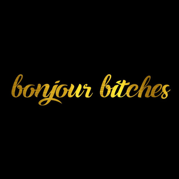 Juodas UNISEX džemperis be gobtuvo su blizgiu auksiniu marginimu "Bonjour bitches"