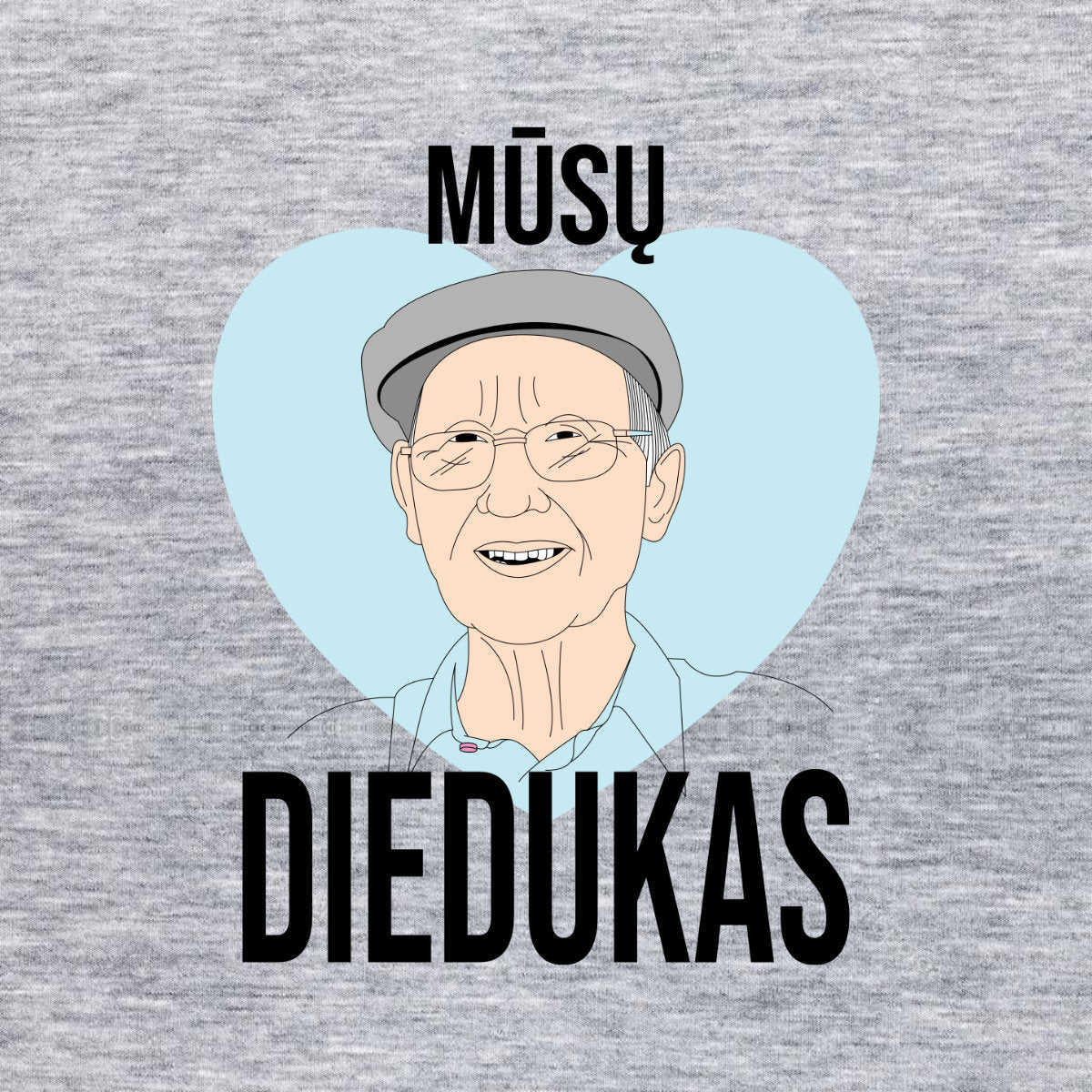 Pilkas melanžinis džemperis be gobtuvo su užrašu "Mūsų diedukas"