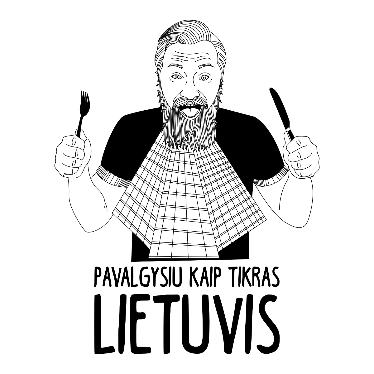 Baltas džemperis be gobtuvo "Pavalgysiu kaip tikras lietuvis"