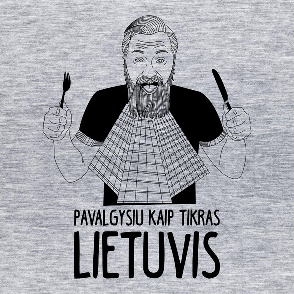 Pilki melanžiniai marškinėliai "Pavalgysiu kaip tikras lietuvis“