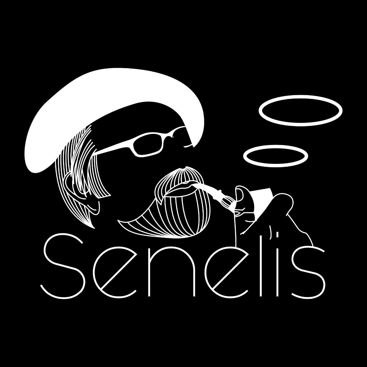 Juodas džemperis be gobtuvo su užrašu "Senelis su pypke"