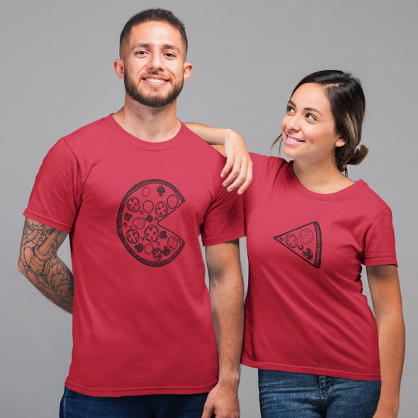 Raudoni unisex marškinėliai poroms su piešiniais "Pica“ Vyriškas dizainas