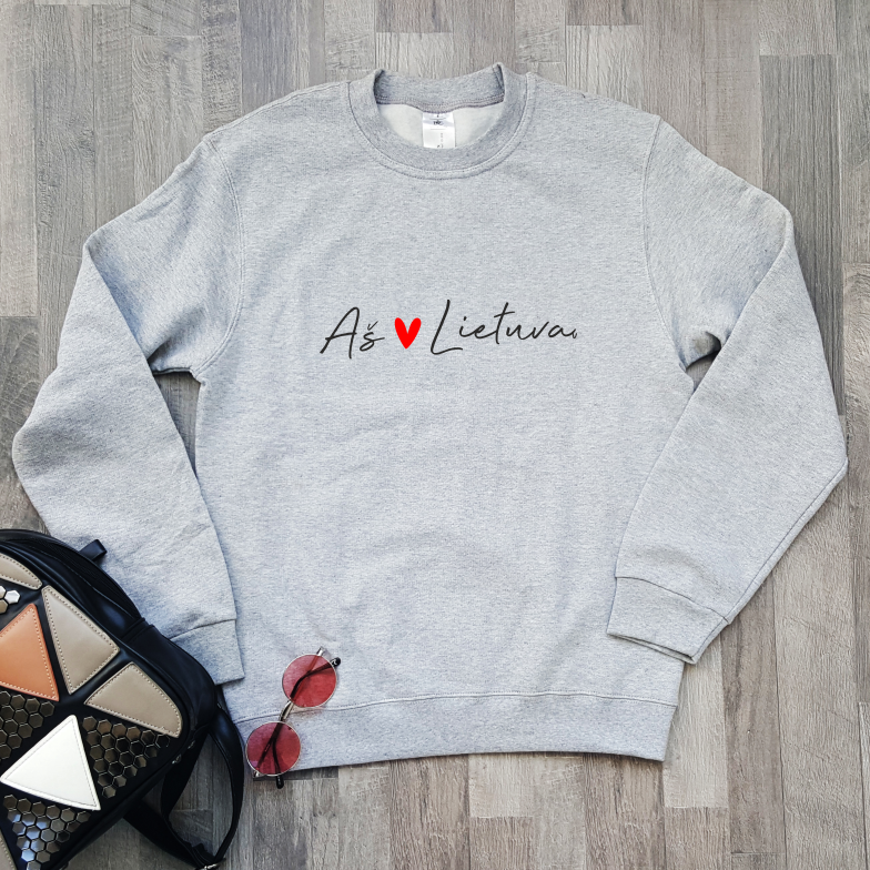 Pilkas džemperis be gobtuvo "Meilė Lietuvai" (XL dydis) ŠIURPNAČIO PASIŪLYMAS