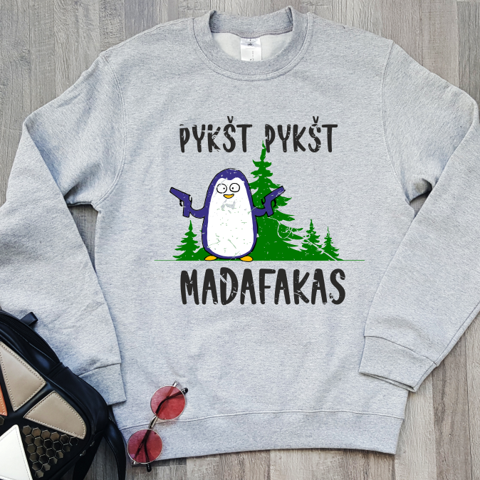 Pilkas džemperis be gobtuvo "Pykšt pykšt" ŠIURPNAČIO PASIŪLYMAS (S)