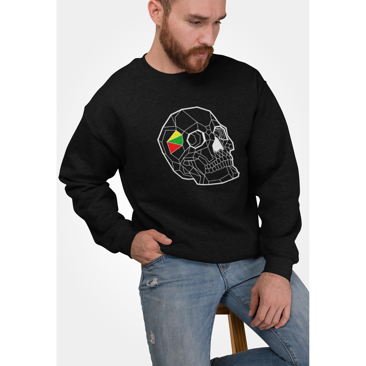 Juodas UNISEX džemperis be gobtuvo "Geometrinė kaukolė" ŠIURPNAČIO PASIŪLYMAS (XL)