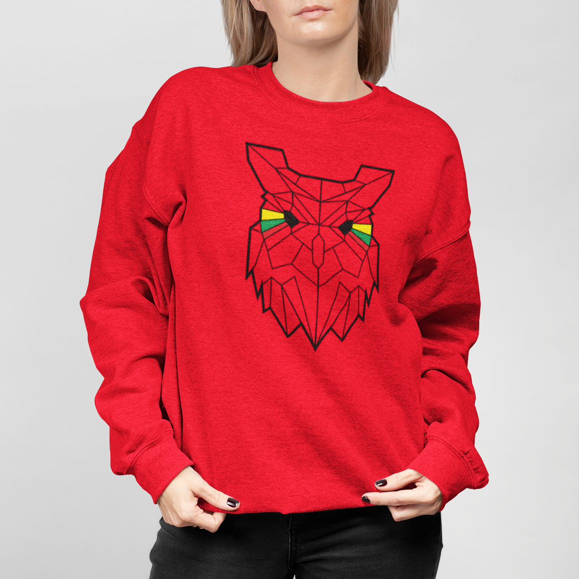 Raudonas UNISEX džemperis be gobtuvo "Geometrinė pelėda"