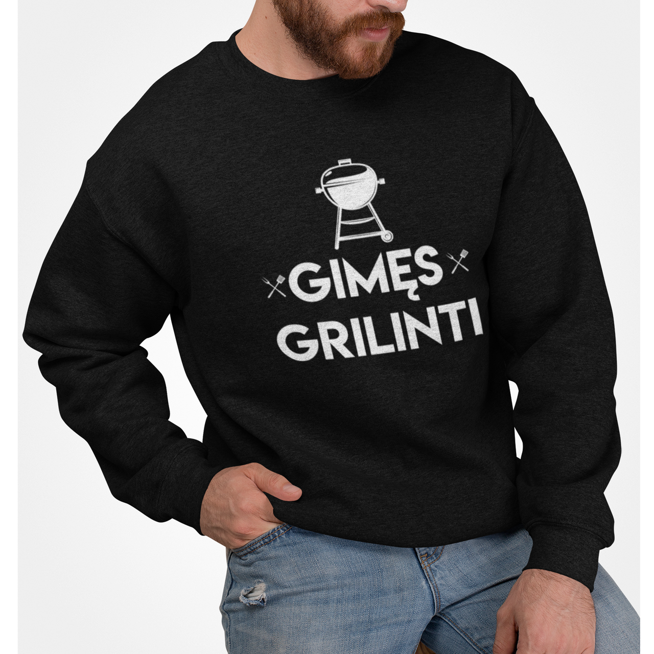 Juodas UNISEX džemperis be gobtuvo "Gimęs grilinti"