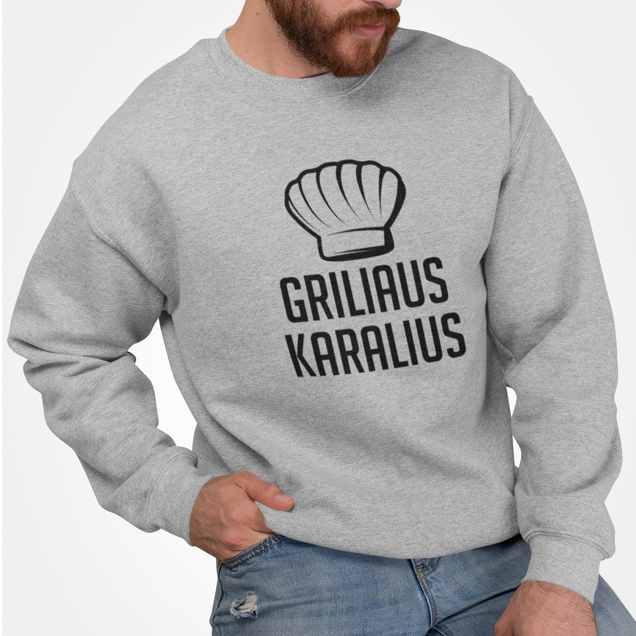 Pilkas UNISEX džemperis be gobtuvo "Griliaus karalius"