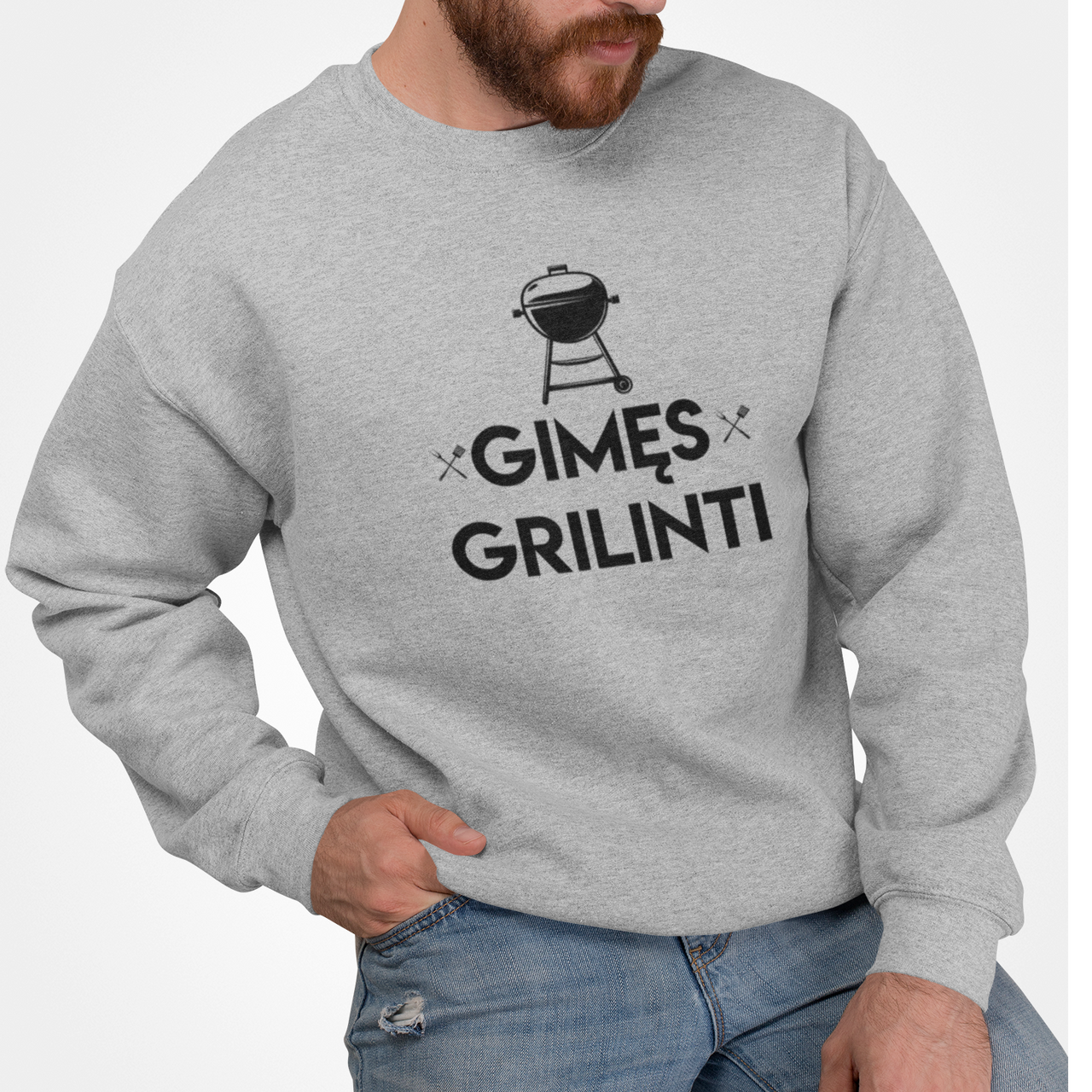 Pilkas UNISEX džemperis be gobtuvo "Gimęs grilinti"