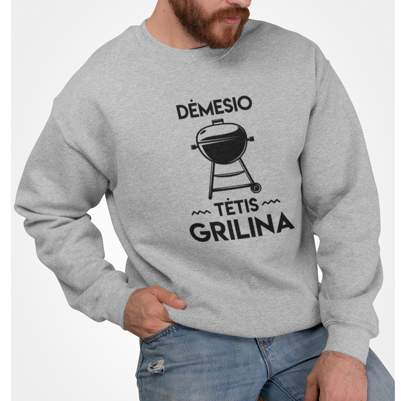 Pilkas UNISEX džemperis be gobtuvo "Tėtis grilina"