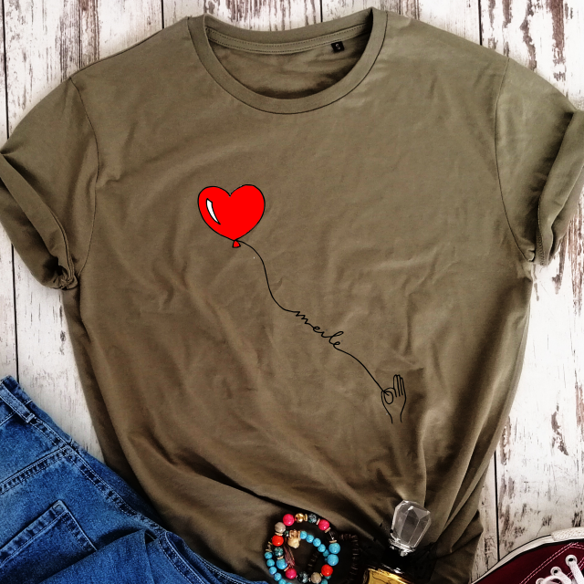 Khaki spalvos 100% medvilnės marškinėliai "Meilė"