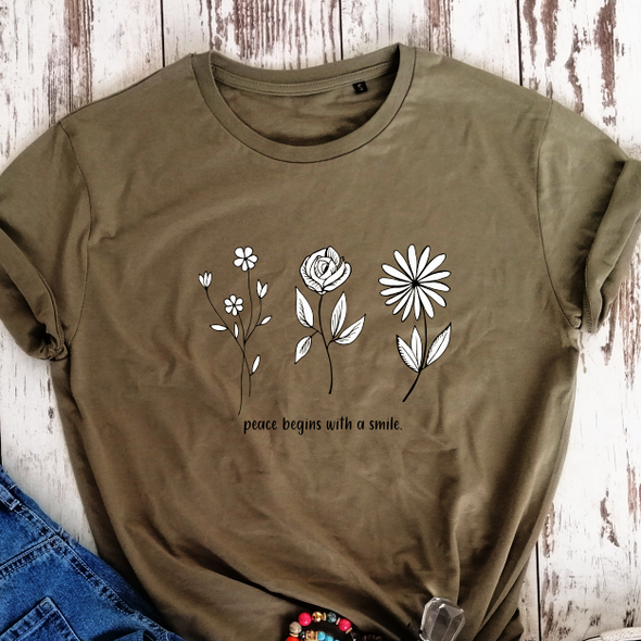 Khaki spalvos ekologiškos medvilnės marškinėliai "Peace"