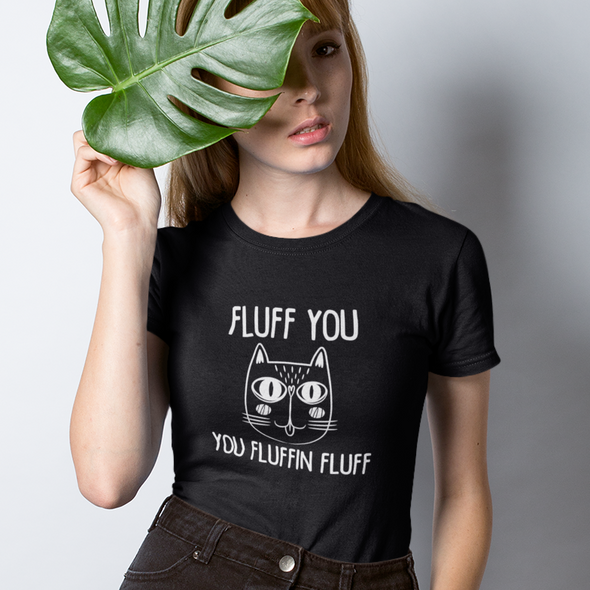 Juodi moteriški marškinėliai "Fluff you"