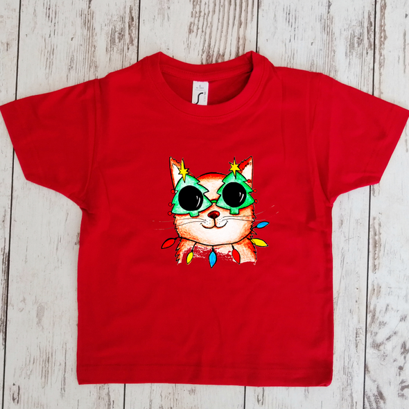 Raudoni vaikiški marškinėliai "Katinas su eglutėmis"