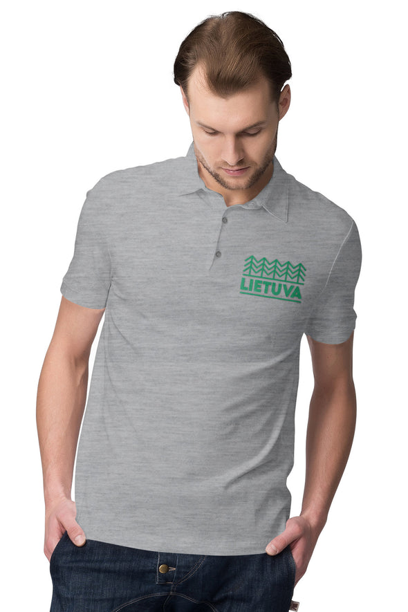 Pilki melanžiniai polo marškinėliai su veliūriniu žaliu marginimu "Lietuvos sengirė“