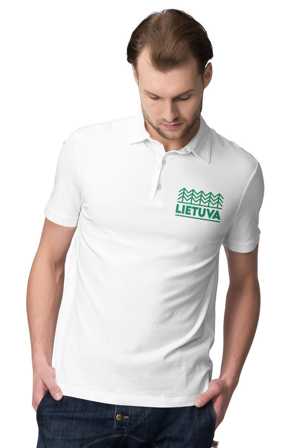 Balti polo marškinėliai su veliūriniu žaliu marginimu "Lietuvos sengirė“