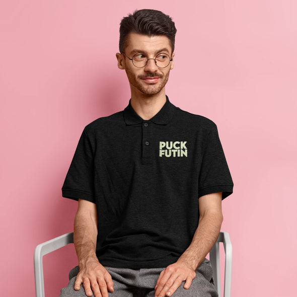 Juodi polo marškinėliai su tamsoje švytinčiu marginimu "Puck futin“