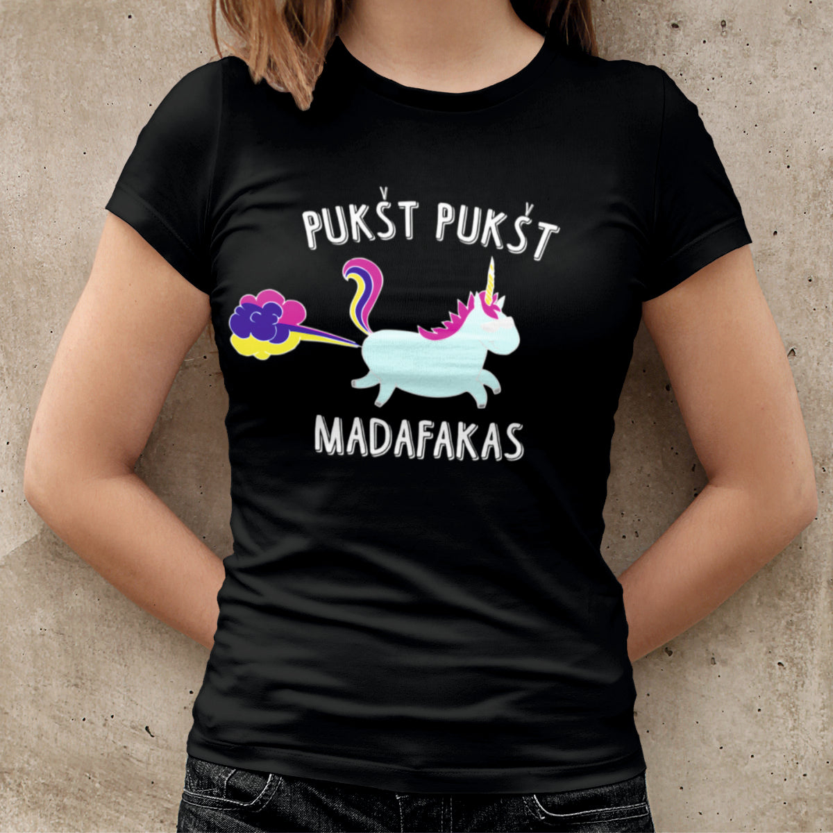 Juodi moteriški marškinėliai "Pukšt pukšt"