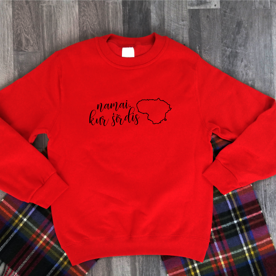 Raudonas džemperis be gobtuvo "Namai, kur širdis" ŠIURPNAČIO PASIŪLYMAS (S,L)