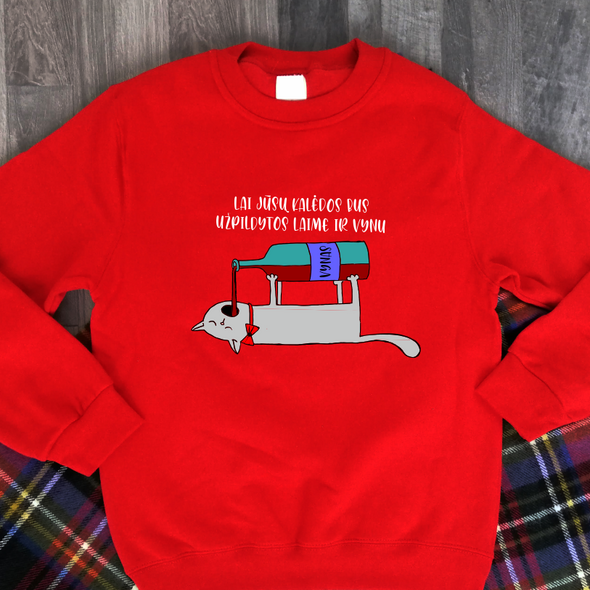 Raudonas džemperis Kalėdoms su spauda "Lai Jūsų Kalėdos"