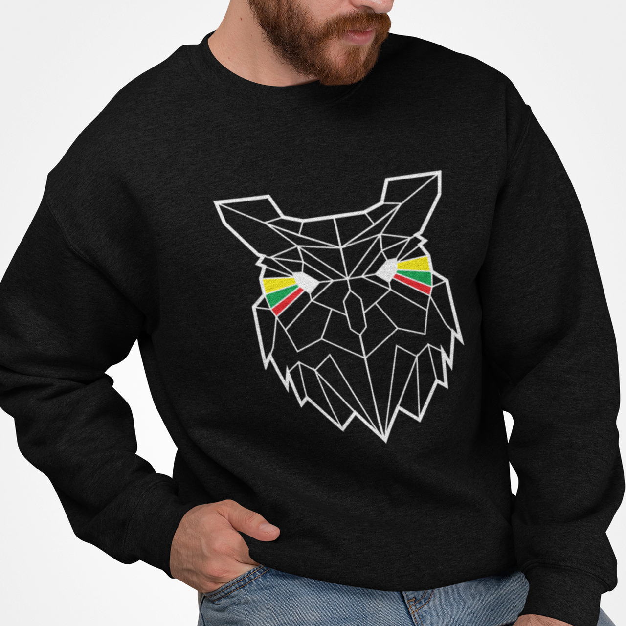 Juodas UNISEX džemperis be gobtuvo "Geometrinė pelėda"