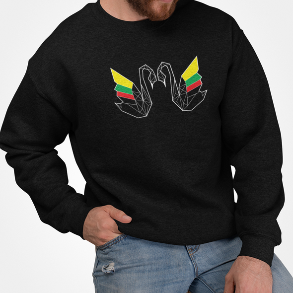Juodas UNISEX džemperis be gobtuvo "Geometrinės gulbės"