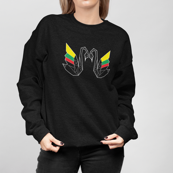 Juodas UNISEX džemperis be gobtuvo "Geometrinės gulbės"