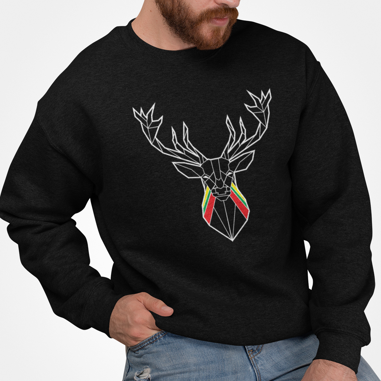 Juodas UNISEX džemperis be gobtuvo "Geometrinis elnias"