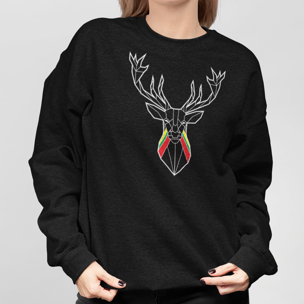 Juodas UNISEX džemperis be gobtuvo "Geometrinis elnias"