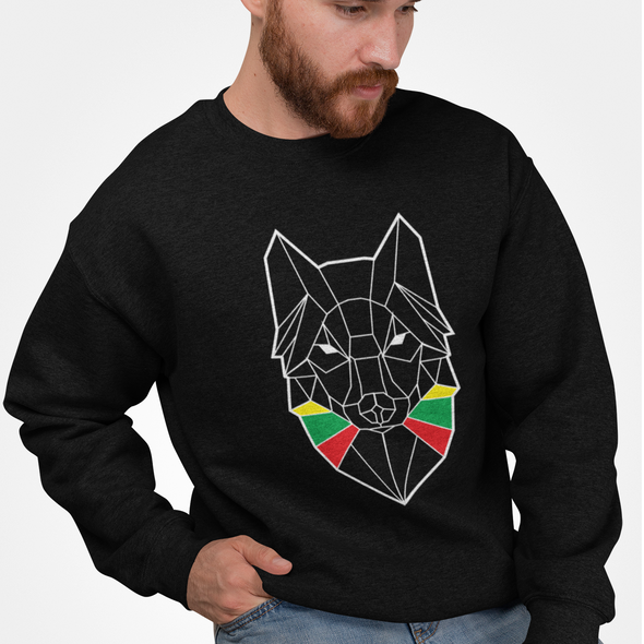 Juodas UNISEX džemperis be gobtuvo "Geometrinis vilkas"