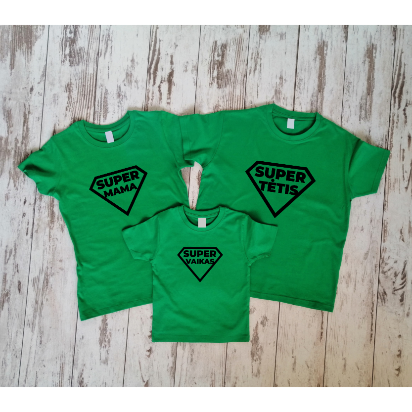 Šviesiai žali marškinėliai šeimoms "Super šeima“