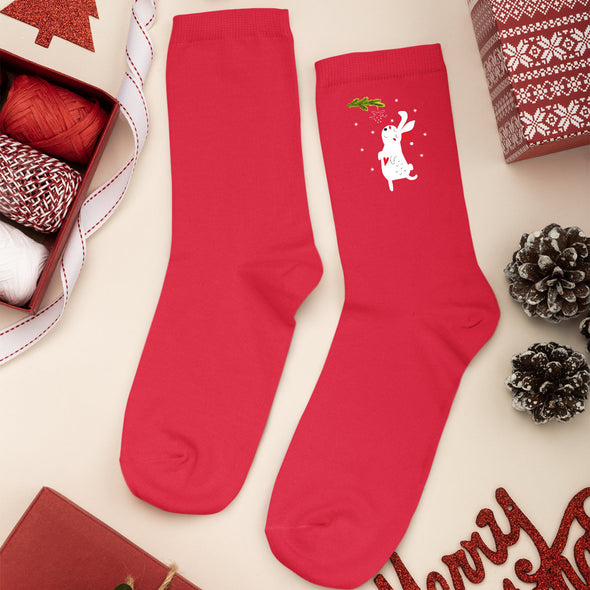 Raudonos Kalėdinės kojinės su marginimu "Kalėdų zuikutis"