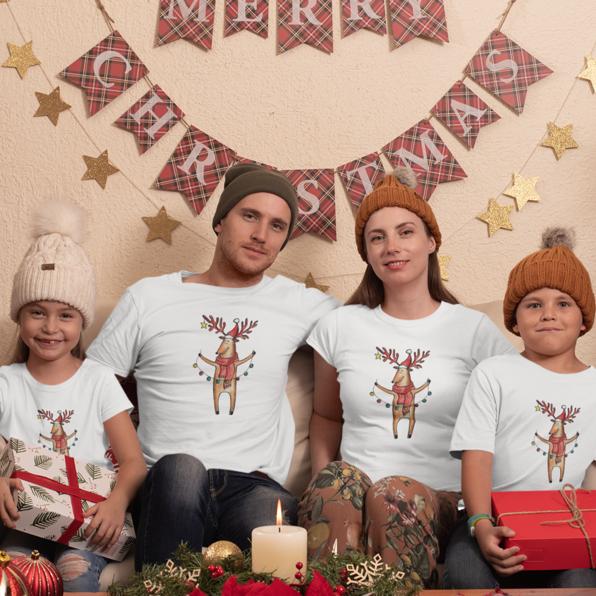 Balti UNISEX marškinėliai šeimoms "Briedžių šeimyna“ Vyriškas dizainas